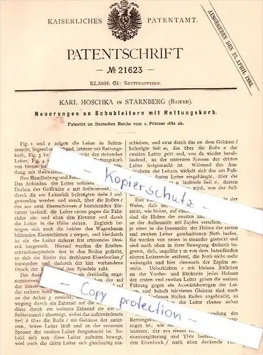 Original Patent - K. Hoschka in Starnberg , Bayern  1882 , Schubleitern mit Rettungskorb !!!