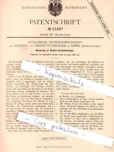 Original Patent - Schlesische AG für Bergbau und Zinkhüttenbetrieb in Lipine / Lipiny , 1882 , Dachdeckung !!!