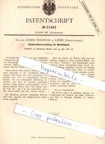 Original Patent - Dr. Phil. Guido Wolfram in Lipine / Lipiny , Oberschlesien , 1882 , Condensationsapparat !!!
