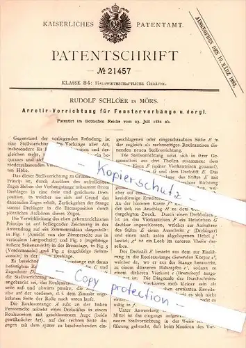 Original Patent - Rudolf Schloer in Mörs , 1882 ,  Arretir-Vorrichtung für Fenstervorhänge !!!
