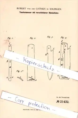 Original Patent - Robert von zur Gathen in Solingen , 1882 , Taschenmesser mit Rückenfeder !!!