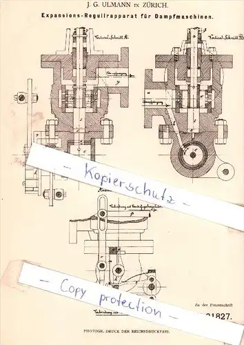 Original Patent - J. G. Ulmann in Zürich , 1882 , Expansions-Regulirapparat für Dampfmaschinen !!!