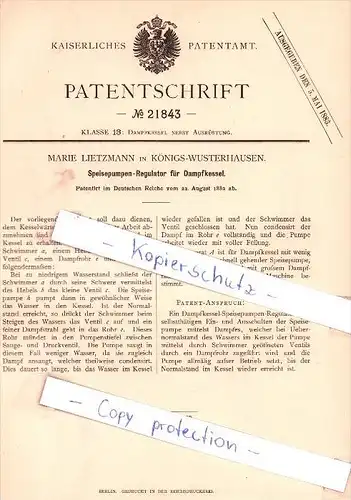 Original Patent - M. Lietzmann in Königs-Wusterhausen , 1882 , Dampfkessel !!!