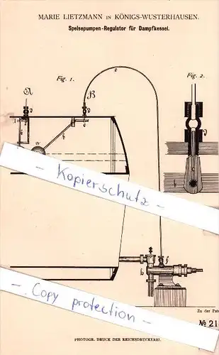 Original Patent - M. Lietzmann in Königs-Wusterhausen , 1882 , Dampfkessel !!!