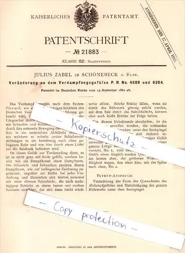 Original Patent - J. Zabel in Schönebeck a. Elbe , 1882 ,Veränderung an dem Verdampfungsgefäß !!!