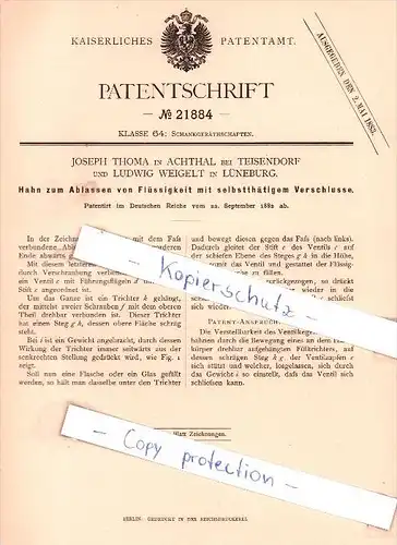 Original Patent - J. Thoma in Achthal bei Teisendorf und L. Weigelt in Lüneburg , 1881 ,!!!