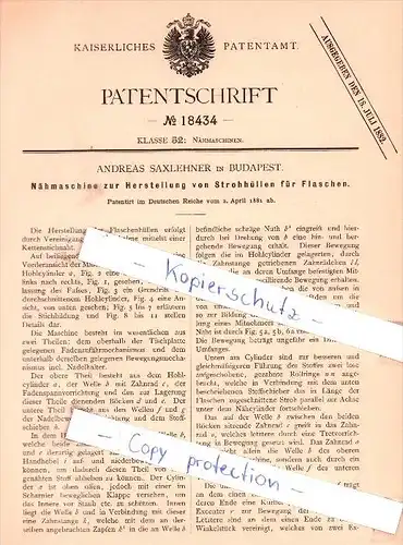 Original Patent - A. Saxlehner in Budapest , 1881 , Nähmaschine zur Herstellung von Strohhüllen !!!
