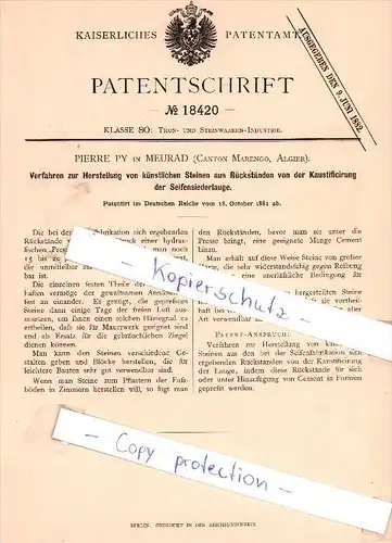 Original Patent - Pierre Py in Meurad , Canton Marengo, Algier , 1881 , !!!