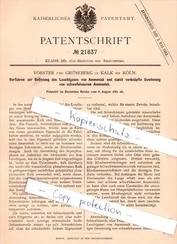 Original Patent - Vorster und Grüneberg in Kalk bei Köln , 1882 , Gas-Bereitung !!!