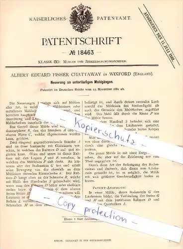 Original Patent - A. E. Fisher Chattaway in Wixford , England , 1881 , Neuerung an Mahlgängen !!!