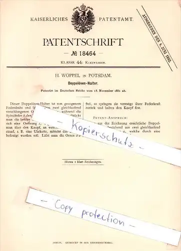 Original Patent - H. Wöppel in Potsdam , 1881 , Doppelösen-Halter !!!