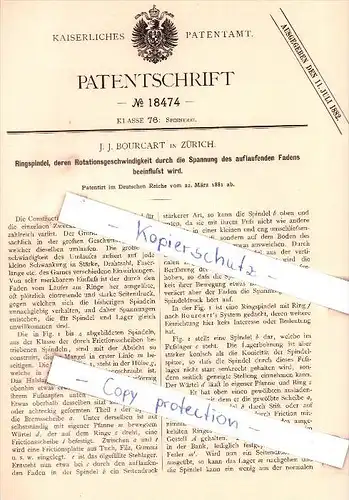 Original Patent - J. J. Bourcart in Zürich , 1881 , Ringspindel , Spinnerei !!!