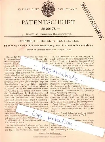 Original Patent - H. Friemel in Reutlingen , 1882 , Schneidewerkzeug von Kratzensetzmaschinen !!!