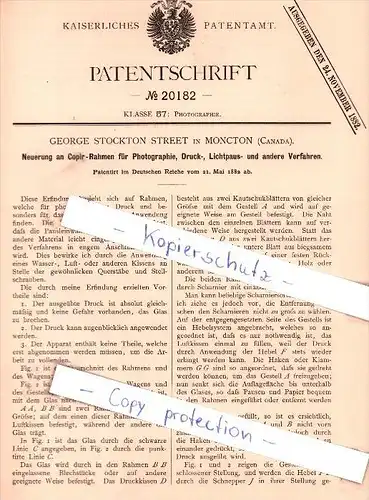 Original Patent - George Stockton Street in Moncton , Canada , 1882 , Copir-Rahmen !!!