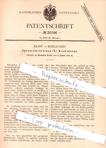 Original Patent - Krahe in Kohlscheid / Herzogenrath , 1882 , Fördereinrichtung für Bremsberge , Aachen !!!