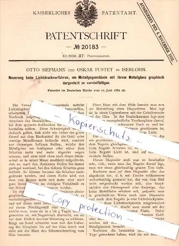 Original Patent - O. Siepmann und O. Pustet in Iserlohn , 1882 , Lichtdruckverfahren !!!