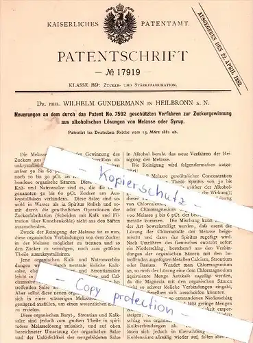 Original Patent -  Dr. Phil. Wilhelm Gundermann in Heilbronn a. N. , 1881 , !!!