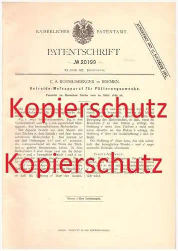 Original Patent - C. S. Röthlisberger in Bremen , 1882 , Getreide-Meßapparat für Fütterungszwecke !!!