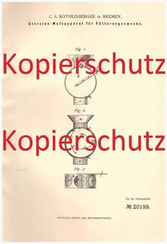 Original Patent - C. S. Röthlisberger in Bremen , 1882 , Getreide-Meßapparat für Fütterungszwecke !!!