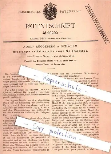 Original Patent - A. Rüggeberg in Schwelm , 1882 , Heizvorrichtungen für Droschken !!!