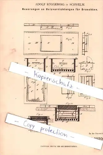 Original Patent - A. Rüggeberg in Schwelm , 1882 , Heizvorrichtungen für Droschken !!!