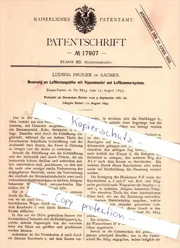 Original Patent - Ludwig Pinzger in Aachen , 1881 , Neuerung an Luftheizungsöfen  !!!