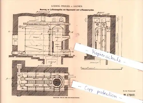 Original Patent - Ludwig Pinzger in Aachen , 1881 , Neuerung an Luftheizungsöfen  !!!