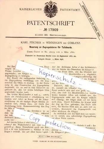 Original Patent - Karl Fischer in Winningen bei Coblenz , 1881 , Zugregulatoren für Tafelherde !!!