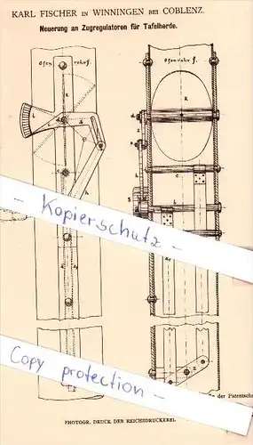 Original Patent - Karl Fischer in Winningen bei Coblenz , 1881 , Zugregulatoren für Tafelherde !!!