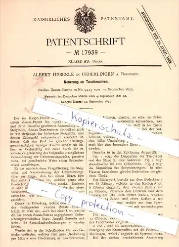 Original Patent - A. Heberle in Ueberlingen a. Bodensee , 1881 ,  Neuerung an Taschenuhren , Überlingen !!!
