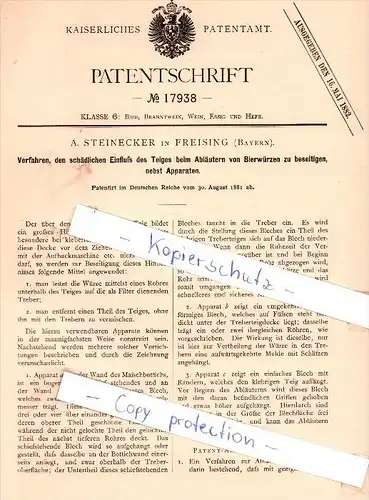 Original Patent - A. Steinecker in Freising , Bayern , 1881 , Bier, Branntwein, Wein und Hefe !!!