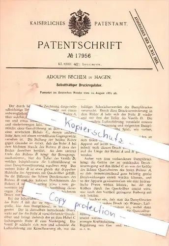 Original Patent - Adolph Bechem in Hagen , 1881 , Selbstthätiger Druckregulator !!!