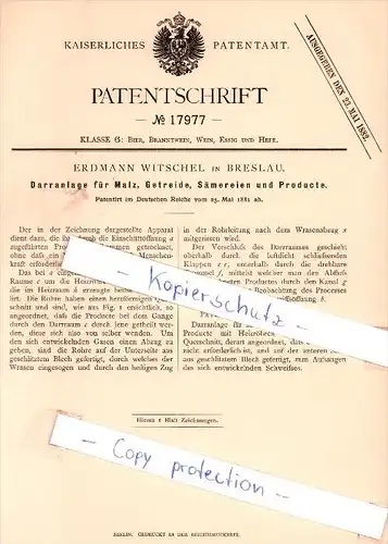 Original Patent - E. Witschel in Breslau , 1881 , Darranlage für Malz, Getreide, Alkohol , Brauerei , Bier  !!!
