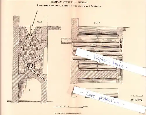 Original Patent - E. Witschel in Breslau , 1881 , Darranlage für Malz, Getreide, Alkohol , Brauerei , Bier  !!!