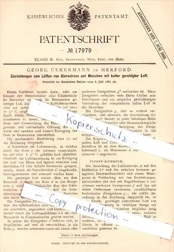 Original Patent - G. Uekermann in Herford , 1881 , Lüften von Bierwürzen und Maischen mit Luft !!!