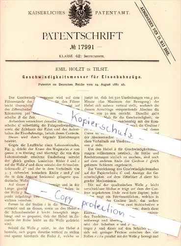 Original Patent - Emil Holzt in Tilsit / Sowetsk ,1881, Geschwindigkeitsmesser für Eisenbahnzüge , Russland , Ostpreußen