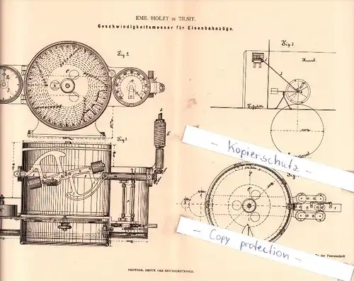 Original Patent - Emil Holzt in Tilsit / Sowetsk ,1881, Geschwindigkeitsmesser für Eisenbahnzüge , Russland , Ostpreußen