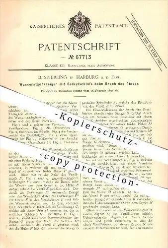 original Patent - B. Spierling in Harburg a. d. Elbe , 1892 , Wasserstandsanzeiger mit Selbstschluss beim Glasbruch !!!