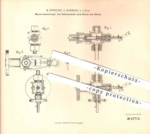 original Patent - B. Spierling in Harburg a. d. Elbe , 1892 , Wasserstandsanzeiger mit Selbstschluss beim Glasbruch !!!