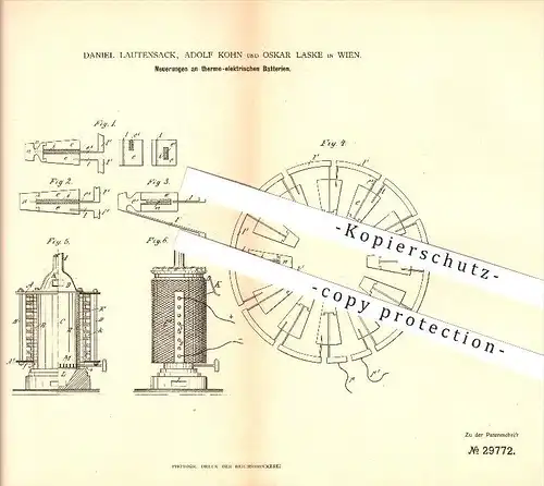 original Patent -  D. Lautensack , A. Kohn , O. Laske in Wien , 1884 , Neuerungen an thermoelektrischen Batterien !!!