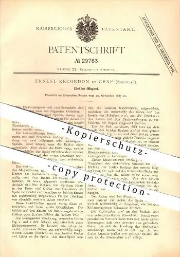 original Patent - Ernest Recordon in Genf , 1883 , Elektromagnet , Magnet , Elektrik !!!