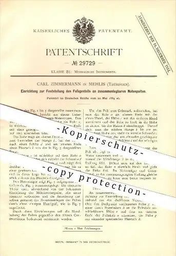 original Patent - Carl Zimmermann in Mehlis , 1884 , Einrichtung zur Feststellung des Fußgestells an Notenpulten , Zella