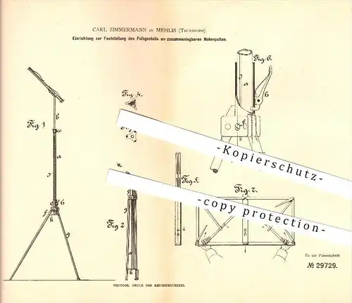 original Patent - Carl Zimmermann in Mehlis , 1884 , Einrichtung zur Feststellung des Fußgestells an Notenpulten , Zella