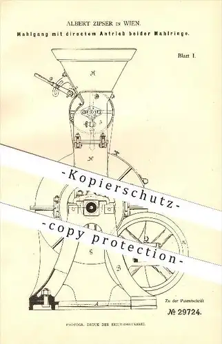 original Patent - Albert Zipser in Wien , 1884 , Mahlgang mit direktem Antrieb beider Mahlringe , Mühlen !!!