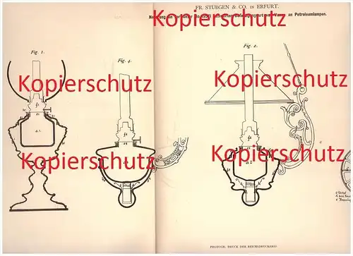 Original Patent - Fr. Stübgen & Co. Erfurt , 1883 , Petroleumlampen mit Vasen !!!