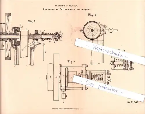 Original Patent - H. Meier in Aerzen , 1882 , Fallhammersteuerung , Hameln-Pyrmont !!!