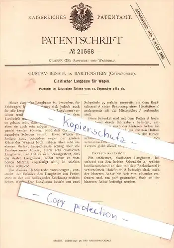 Original Patent - Gustav Bessel in Bartenstein / Bartoszyce , Ostpreussen , 1882 , Langbaum für Wagen  !!!