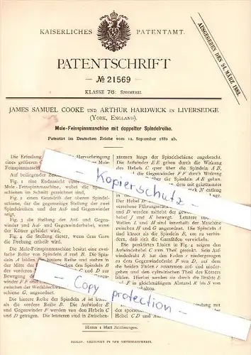 Original Patent - J. S. Cooke und A. Hardwick in Liversedge / Birstall , 1882 , spinning machine !!!