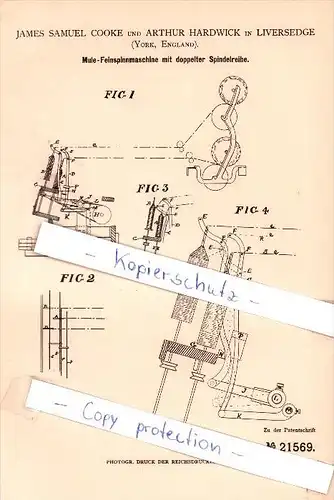 Original Patent - J. S. Cooke und A. Hardwick in Liversedge / Birstall , 1882 , spinning machine !!!