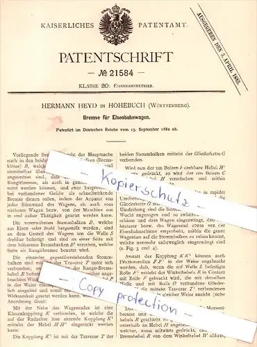 Original Patent - Hermann Heyd in Waldenburg - Hohebuch , 1882 , Bremse für Eisenbahn !!!